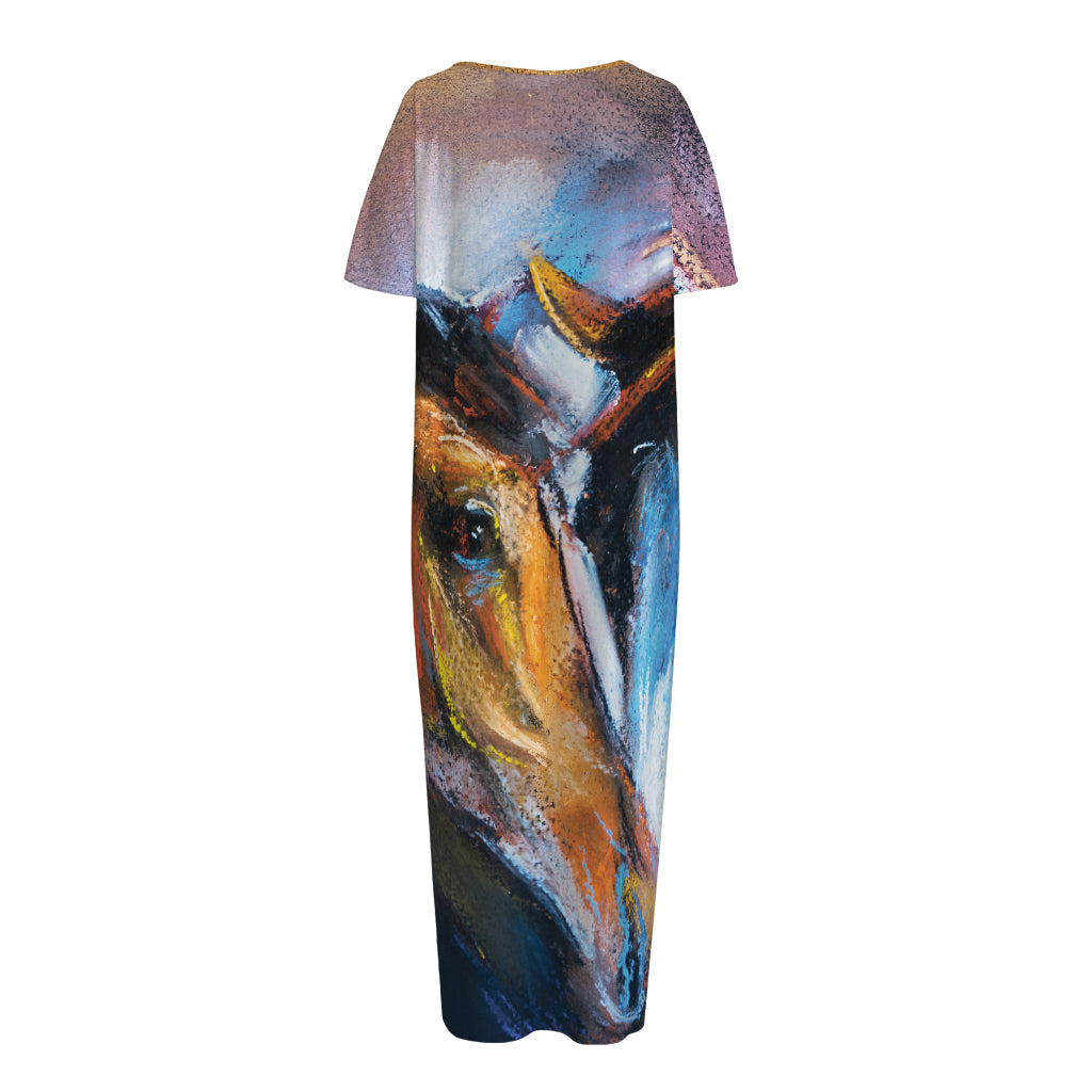 Couple Horses Painting Print Short Sleeve Long Nightdress