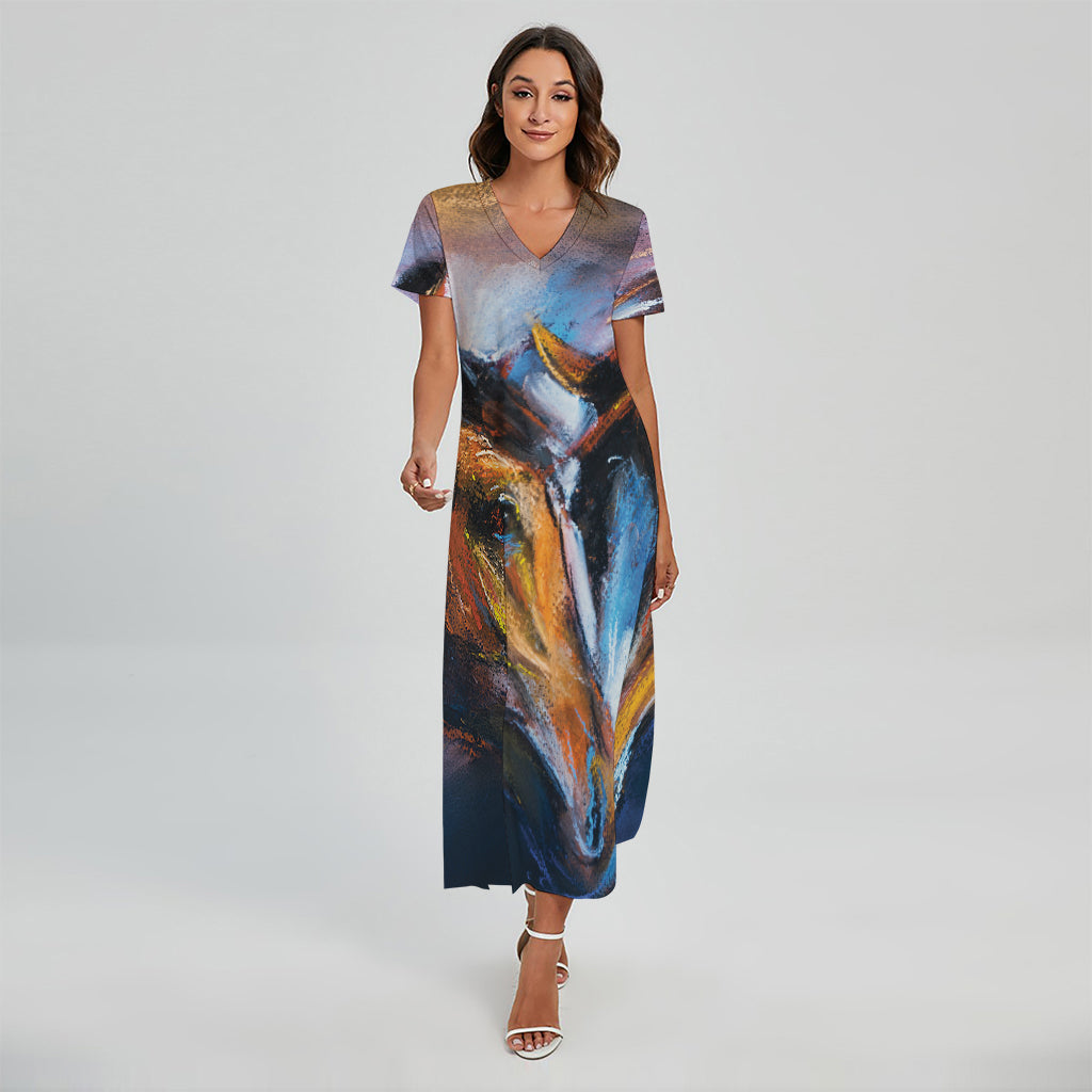 Couple Horses Painting Print Short Sleeve Maxi Dress