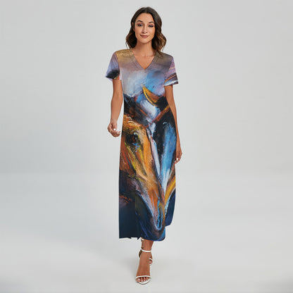 Couple Horses Painting Print Short Sleeve Maxi Dress
