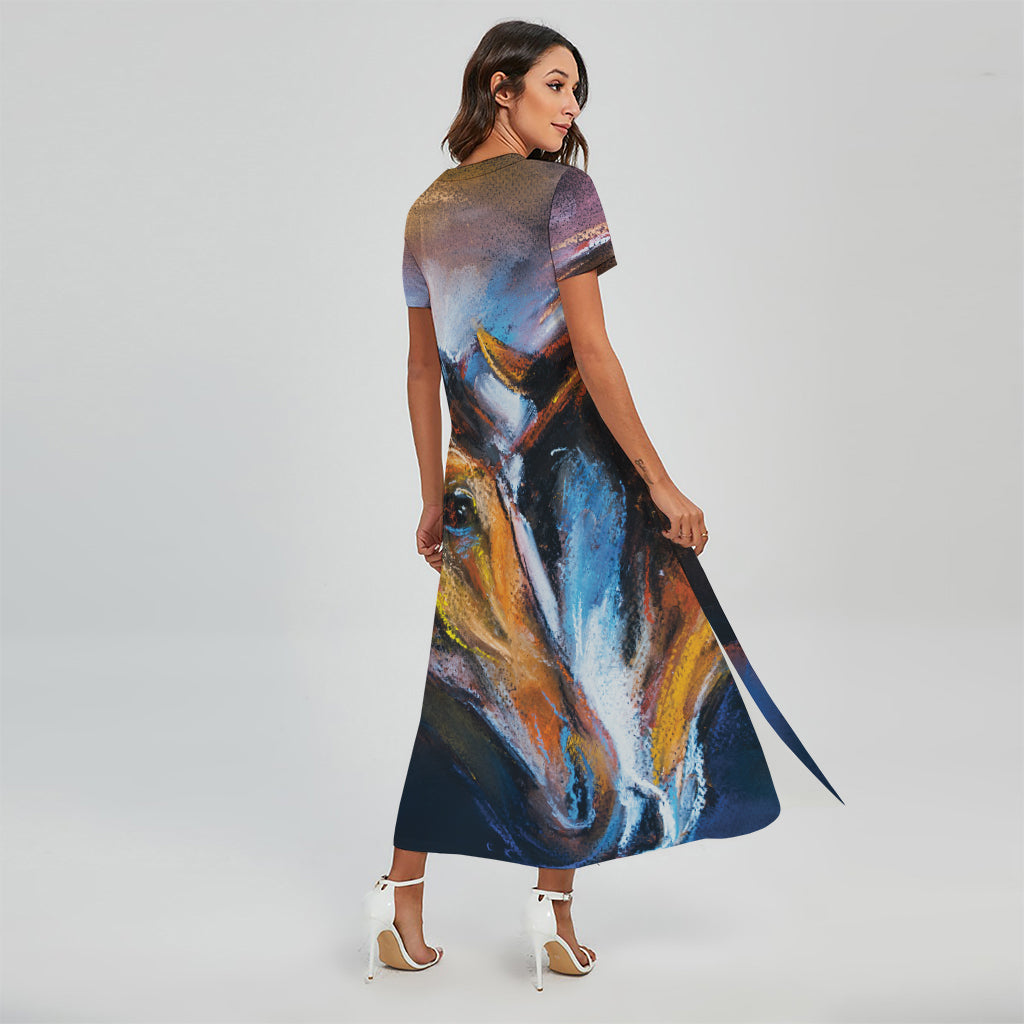 Couple Horses Painting Print Short Sleeve Maxi Dress