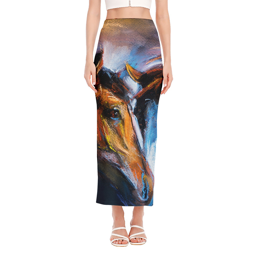 Couple Horses Painting Print Side Slit Maxi Skirt