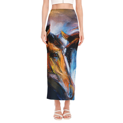 Couple Horses Painting Print Side Slit Maxi Skirt