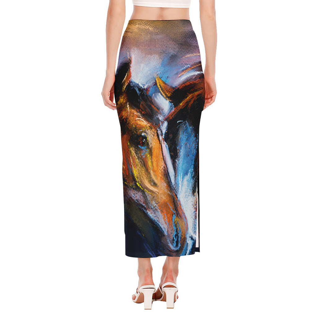 Couple Horses Painting Print Side Slit Maxi Skirt