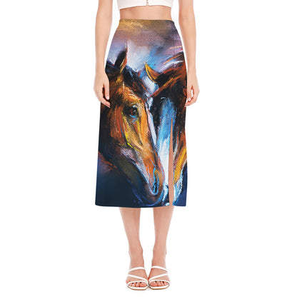 Couple Horses Painting Print Side Slit Midi Skirt