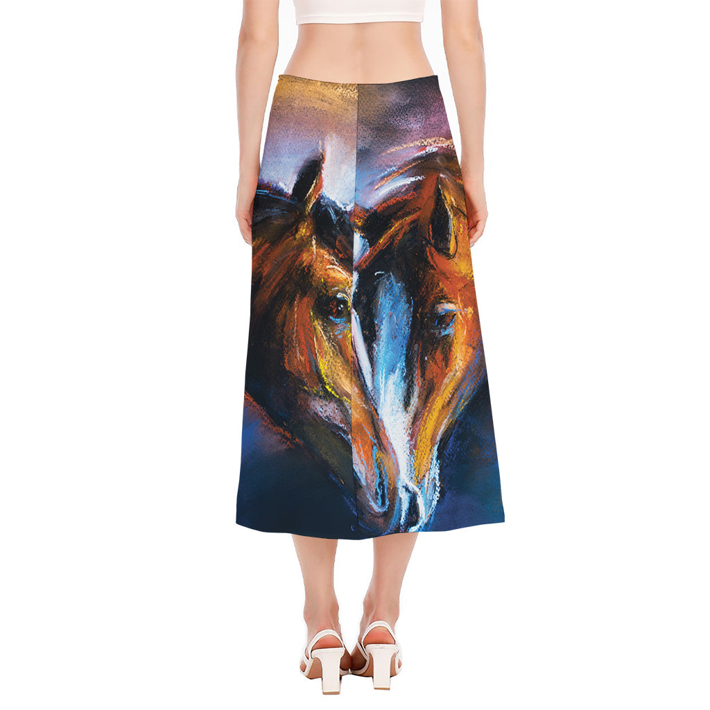 Couple Horses Painting Print Side Slit Midi Skirt