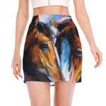 Couple Horses Painting Print Side Slit Mini Skirt