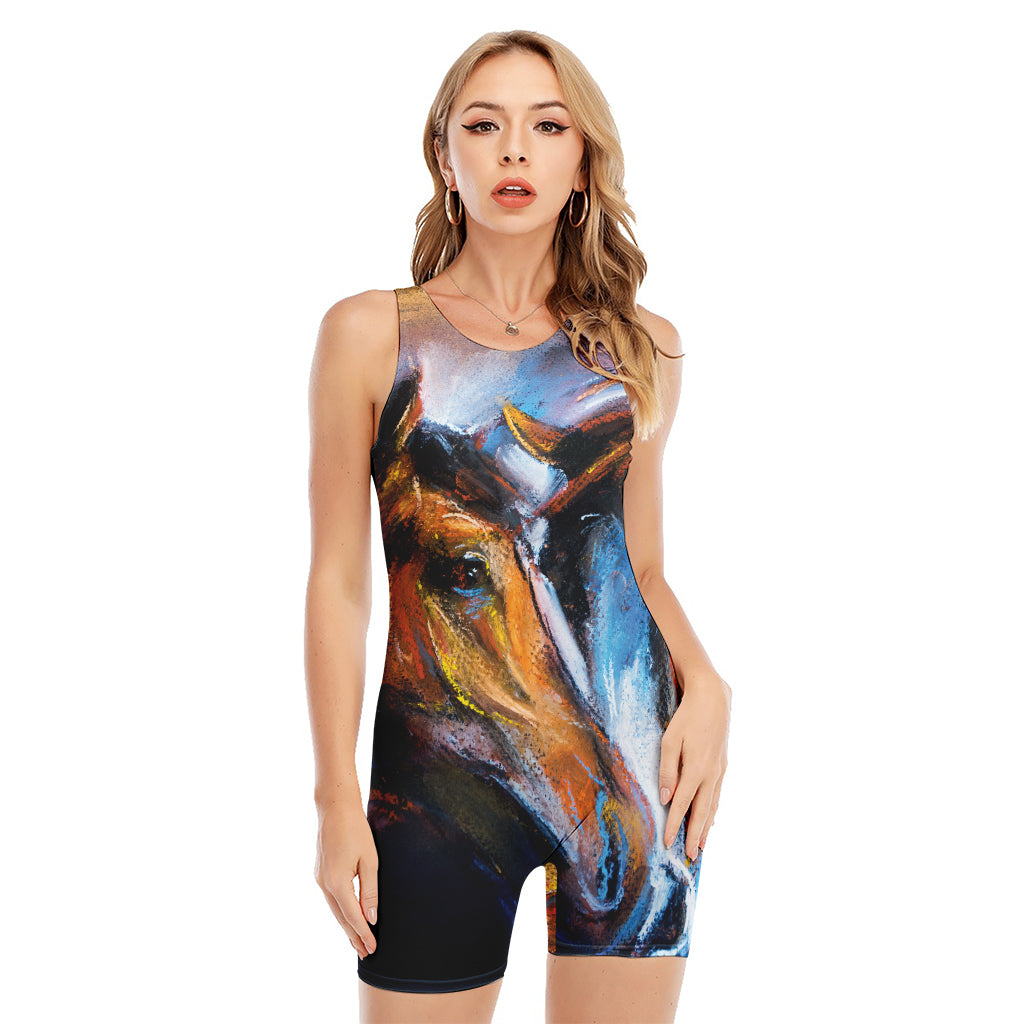 Couple Horses Painting Print Sleeveless One Piece Swimsuit