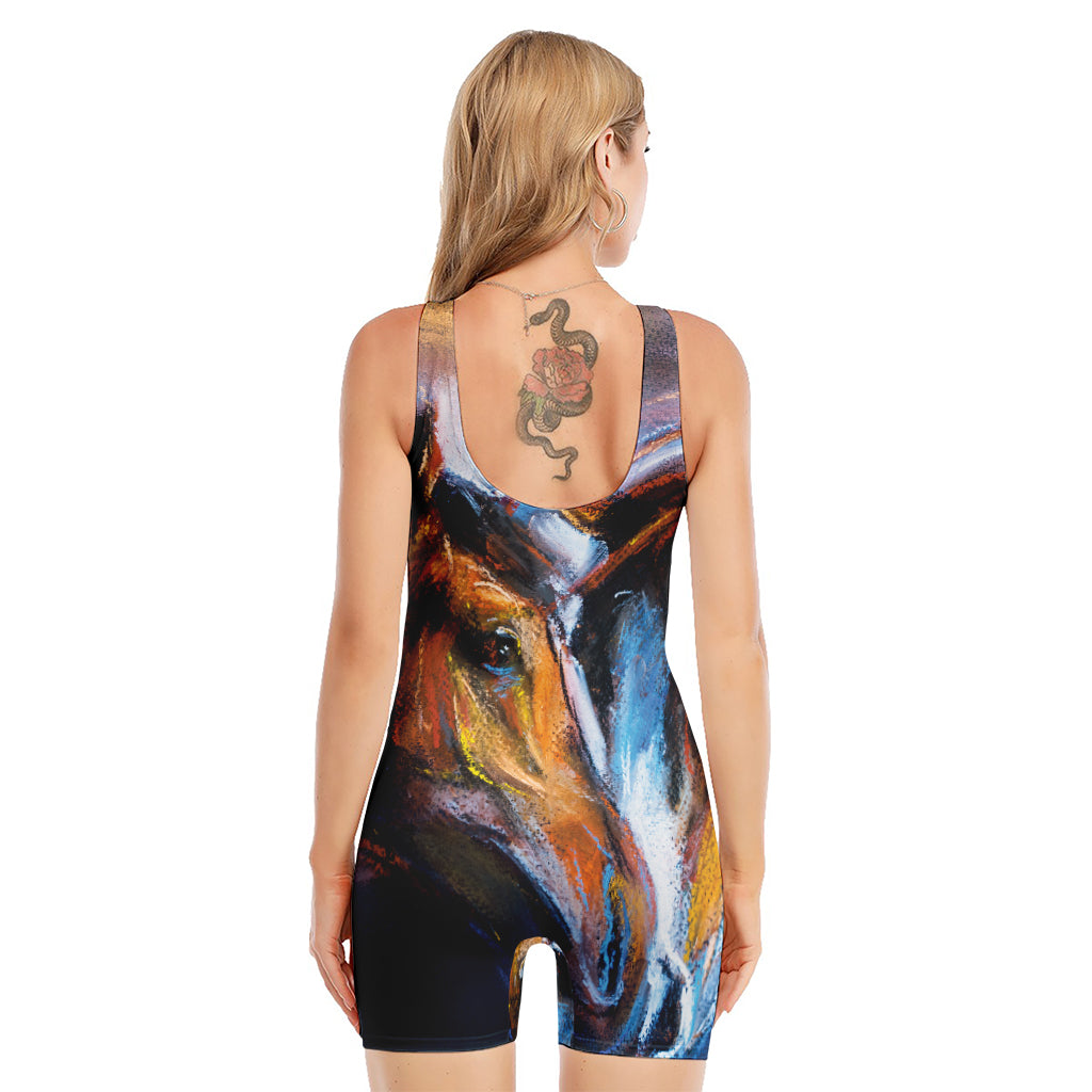 Couple Horses Painting Print Sleeveless One Piece Swimsuit
