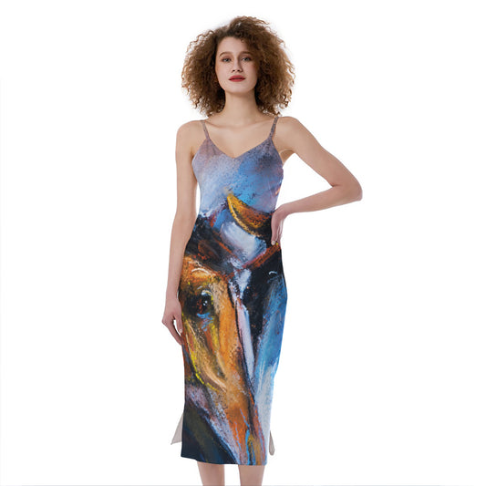Couple Horses Painting Print Slim Fit Midi Cami Dress