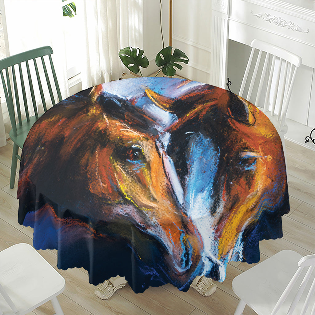 Couple Horses Painting Print Waterproof Round Tablecloth