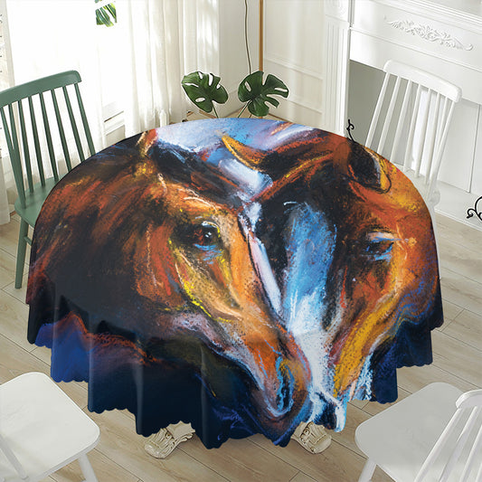 Couple Horses Painting Print Waterproof Round Tablecloth