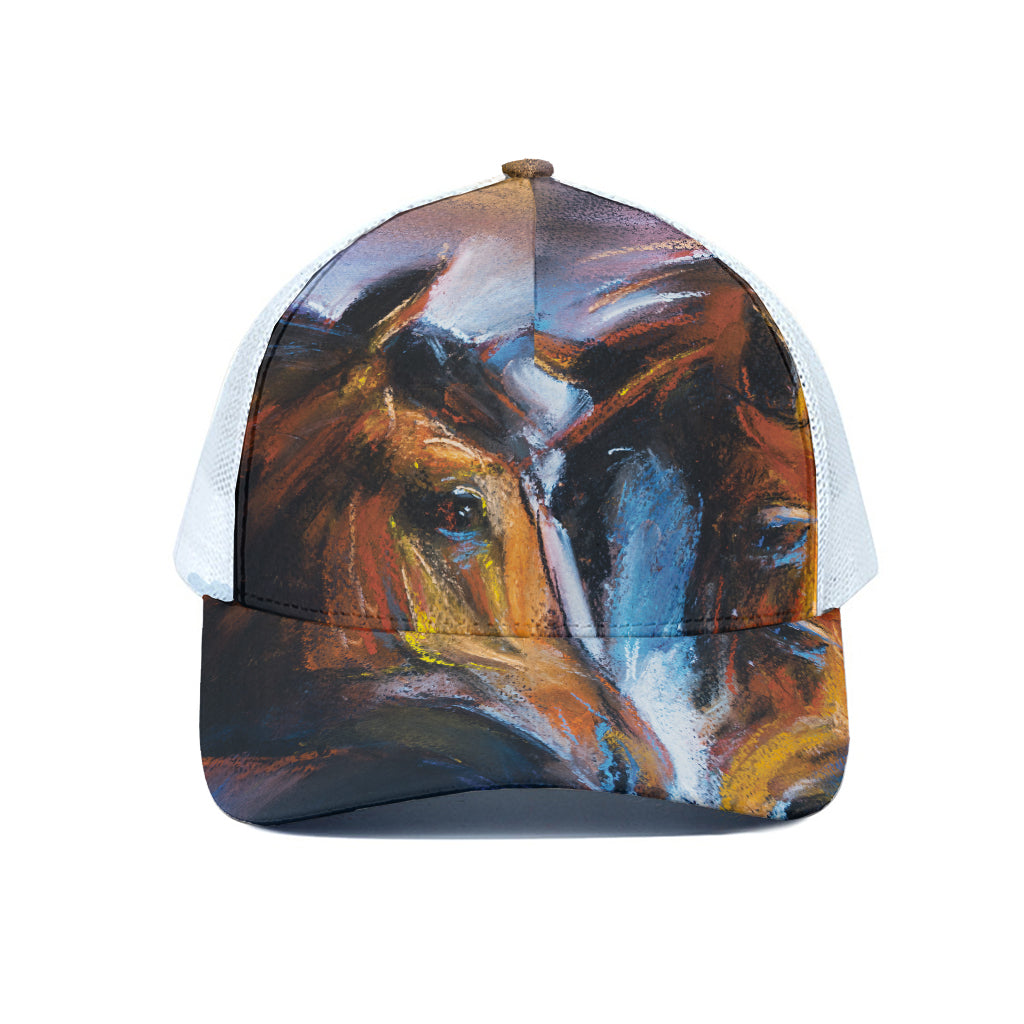 Couple Horses Painting Print White Mesh Trucker Cap