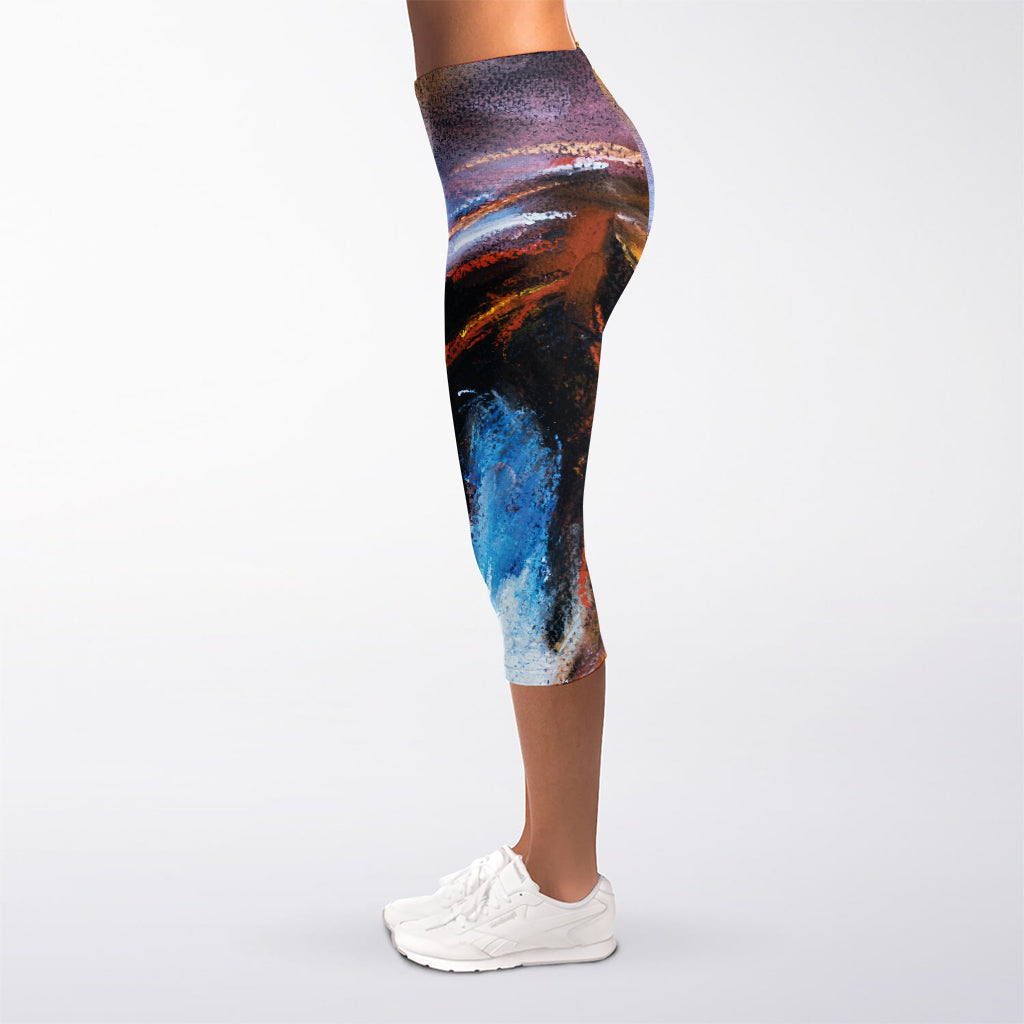 Couple Horses Painting Print Women's Capri Leggings