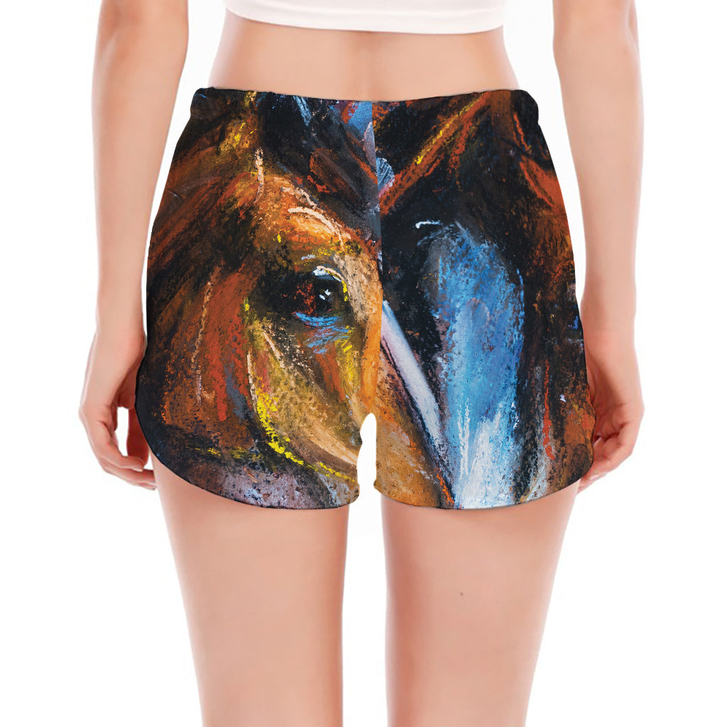 Couple Horses Painting Print Women's Split Running Shorts