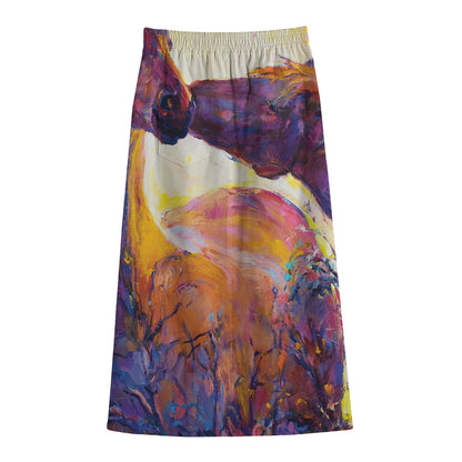 Couple Horses Portrait Print Cotton Front Slit Maxi Skirt