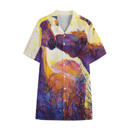 Couple Horses Portrait Print Cotton Hawaiian Shirt