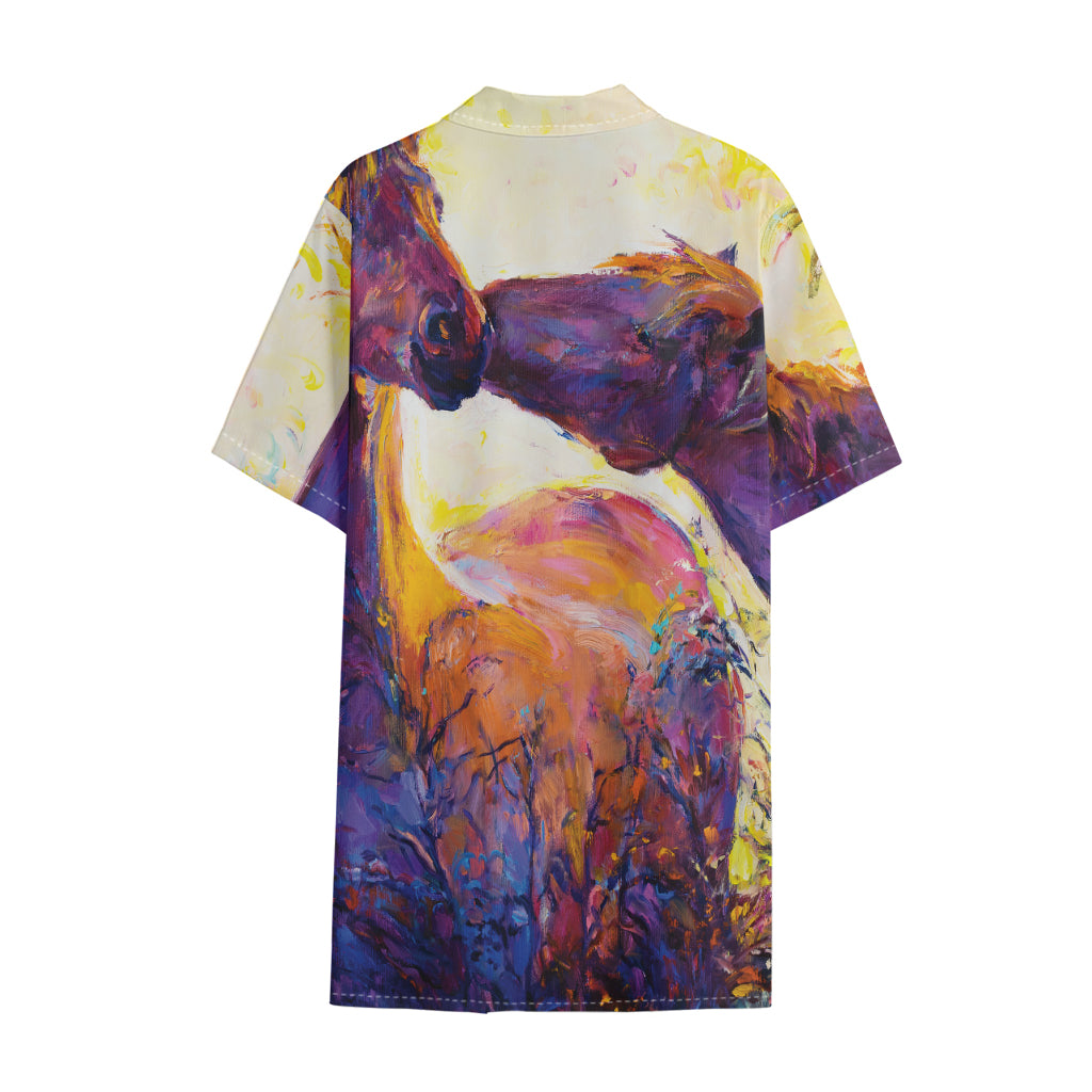 Couple Horses Portrait Print Cotton Hawaiian Shirt