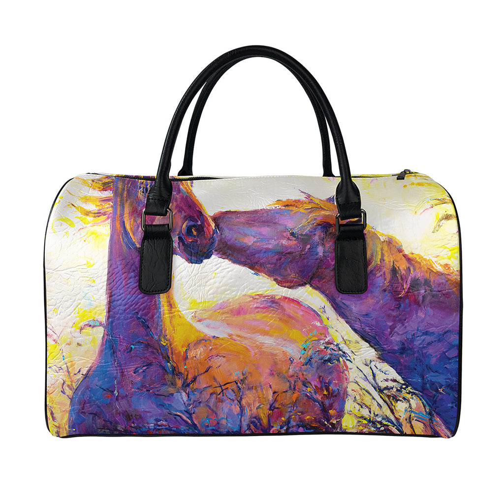 Couple Horses Portrait Print Leather Duffle Bag