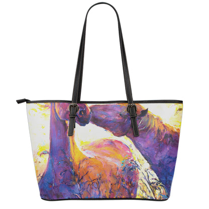 Couple Horses Portrait Print Leather Tote Bag