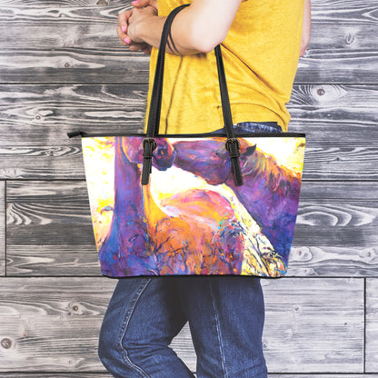 Couple Horses Portrait Print Leather Tote Bag