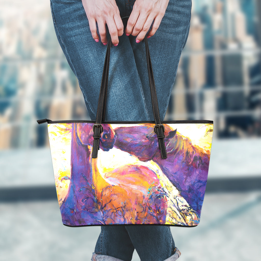 Couple Horses Portrait Print Leather Tote Bag