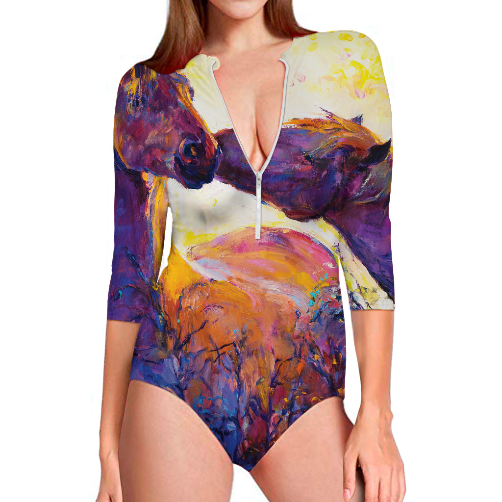 Couple Horses Portrait Print Long Sleeve Swimsuit