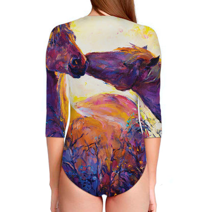 Couple Horses Portrait Print Long Sleeve Swimsuit