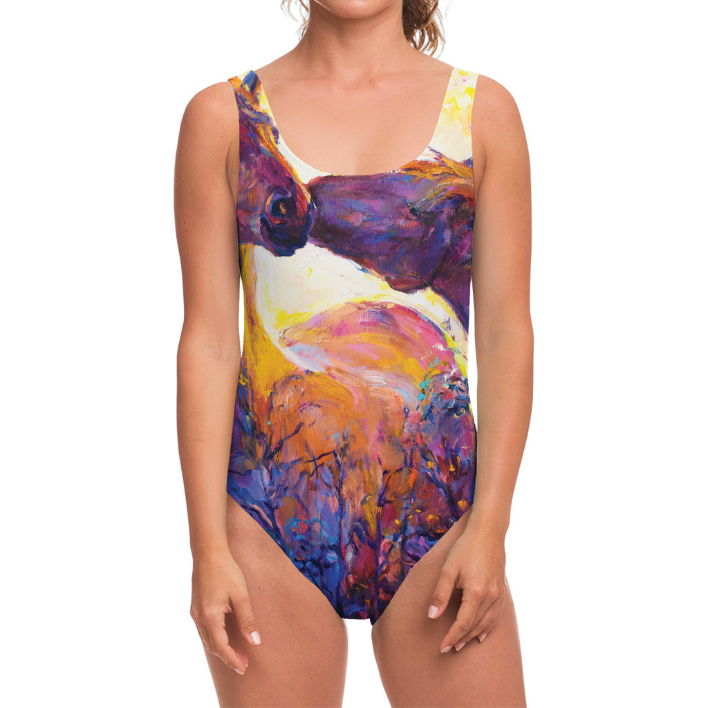 Couple Horses Portrait Print One Piece Swimsuit