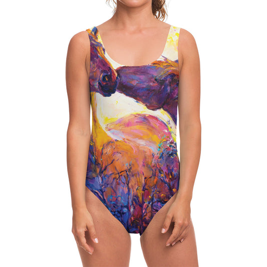 Couple Horses Portrait Print One Piece Swimsuit