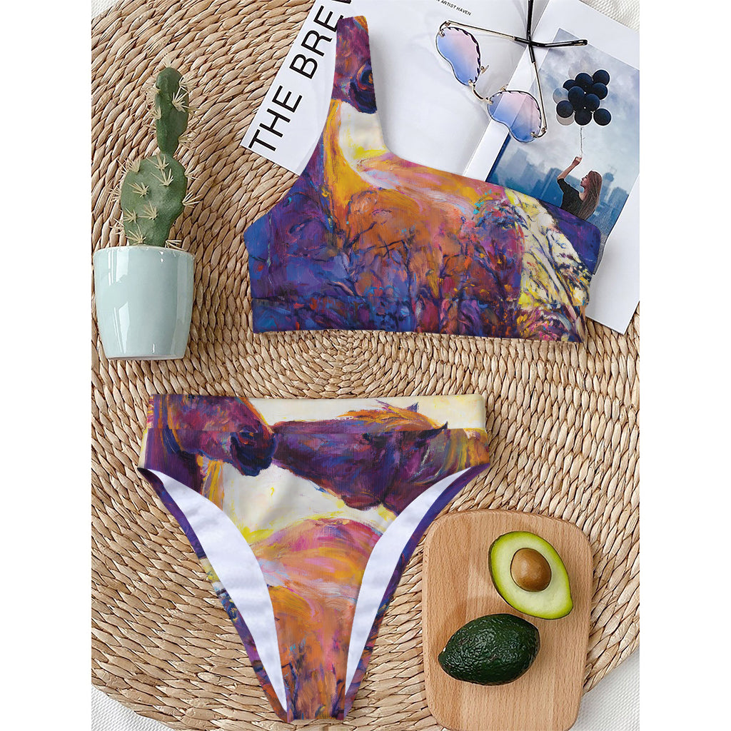 Couple Horses Portrait Print One Shoulder Bikini Top