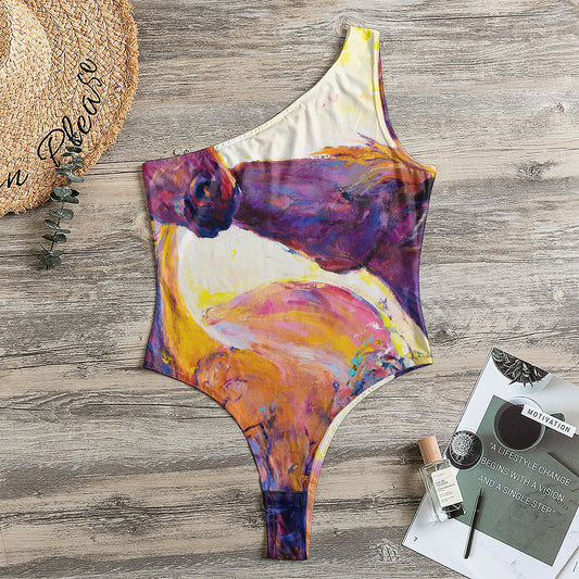 Couple Horses Portrait Print One Shoulder Bodysuit