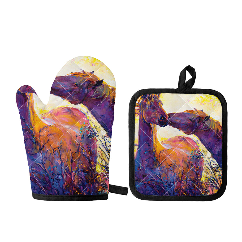 Couple Horses Portrait Print Oven Mitt And Pot Holder Set