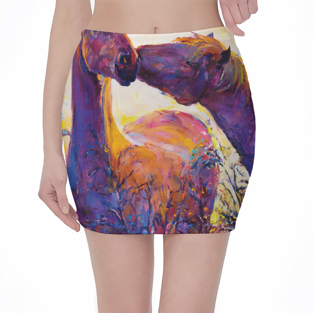 Couple Horses Portrait Print Pencil Mini Skirt