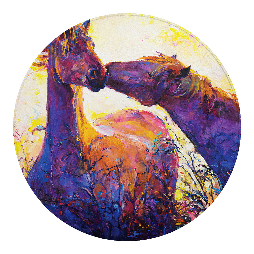 Couple Horses Portrait Print Round Blanket