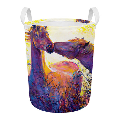 Couple Horses Portrait Print Round Laundry Basket