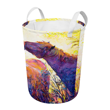 Couple Horses Portrait Print Round Laundry Basket