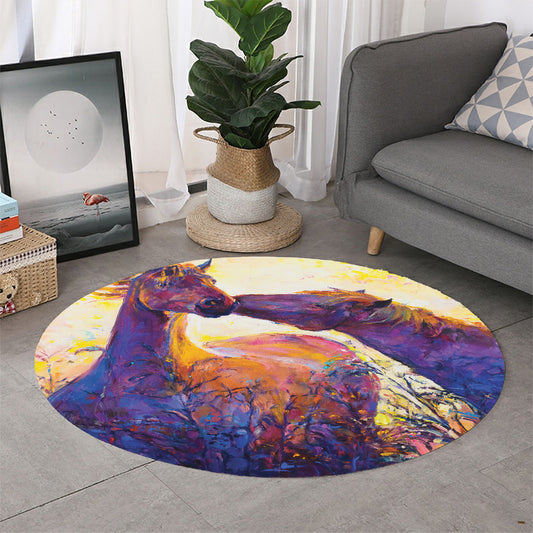 Couple Horses Portrait Print Round Rug