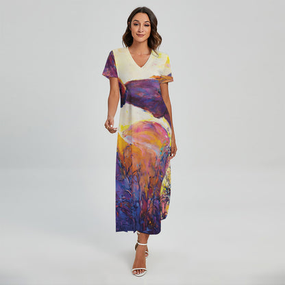 Couple Horses Portrait Print Short Sleeve Maxi Dress
