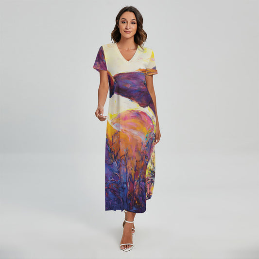 Couple Horses Portrait Print Short Sleeve Maxi Dress