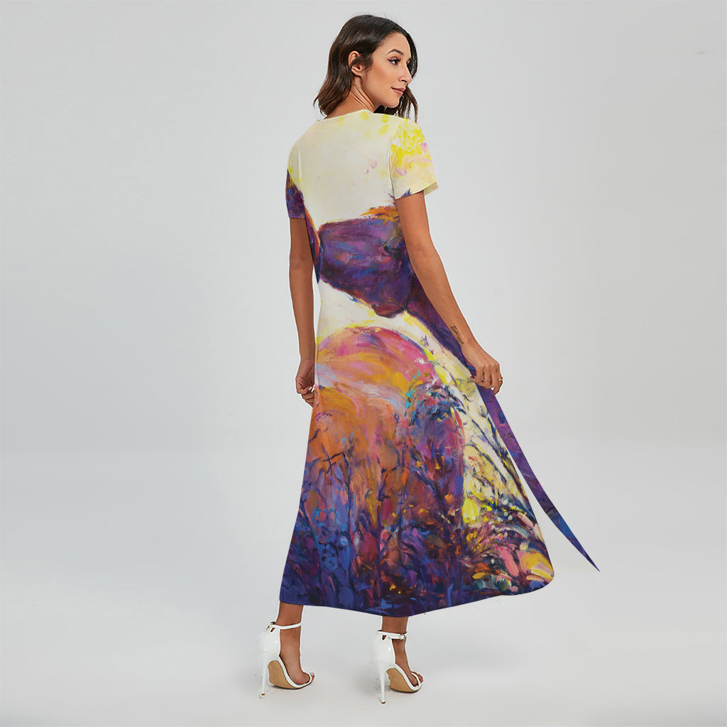 Couple Horses Portrait Print Short Sleeve Maxi Dress