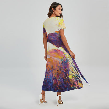 Couple Horses Portrait Print Short Sleeve Maxi Dress