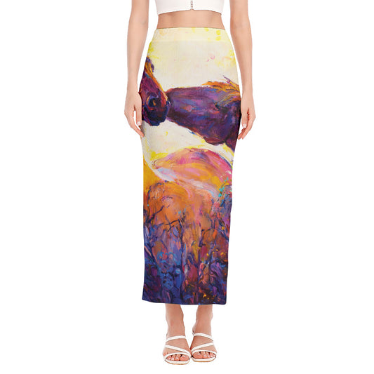 Couple Horses Portrait Print Side Slit Maxi Skirt