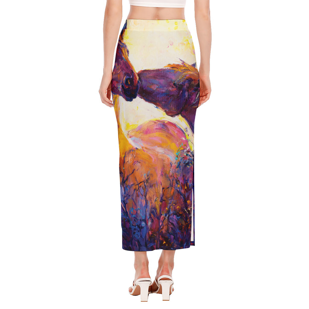 Couple Horses Portrait Print Side Slit Maxi Skirt