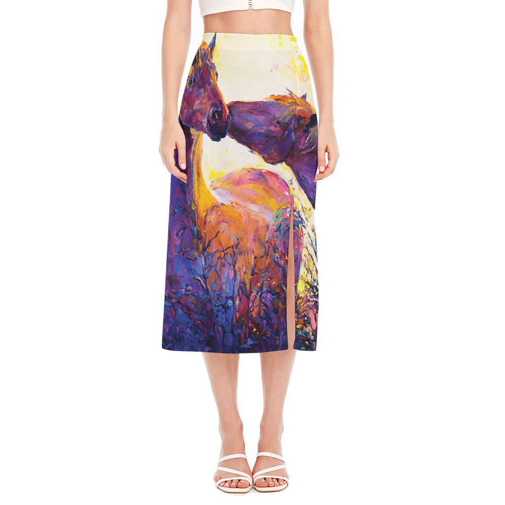 Couple Horses Portrait Print Side Slit Midi Skirt
