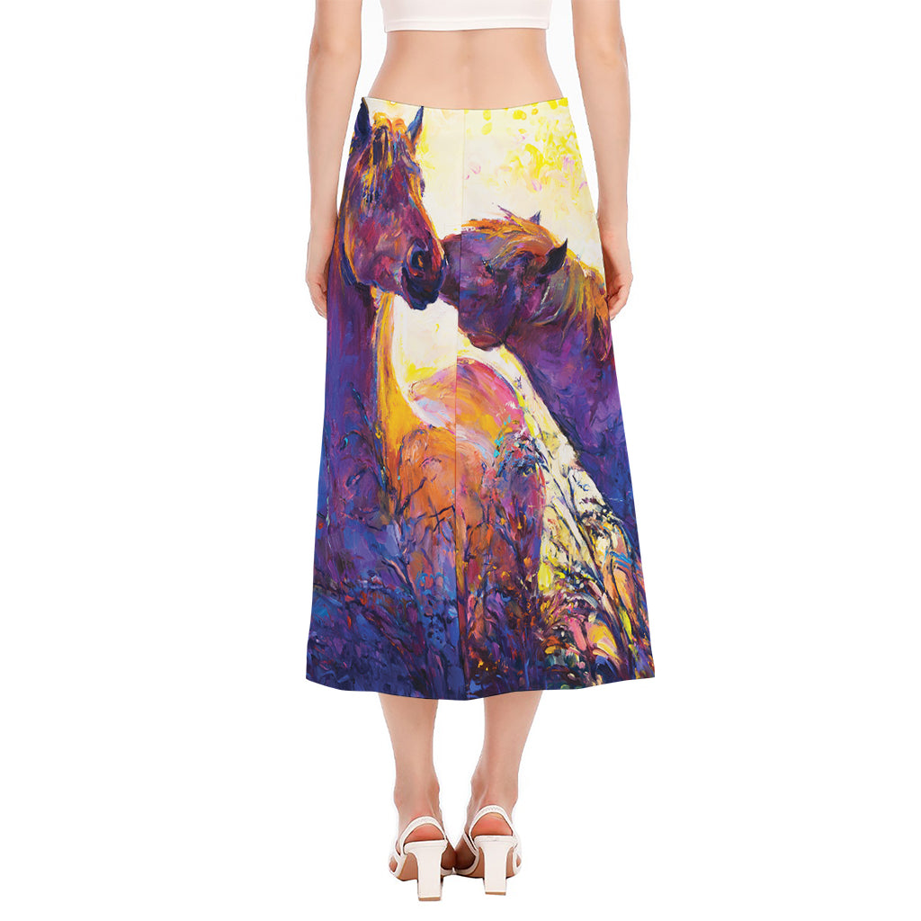 Couple Horses Portrait Print Side Slit Midi Skirt