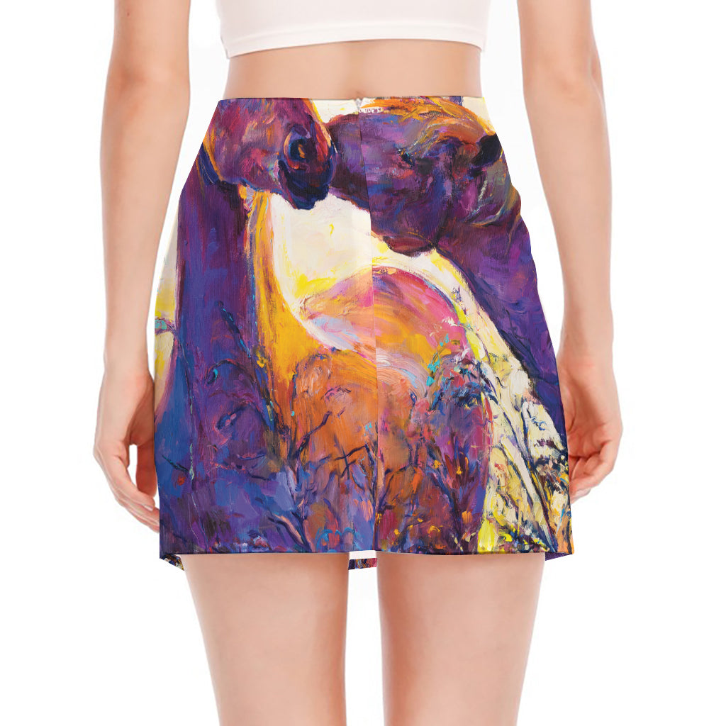 Couple Horses Portrait Print Side Slit Mini Skirt