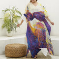 Couple Horses Portrait Print Silk V-Neck Kaftan Dress
