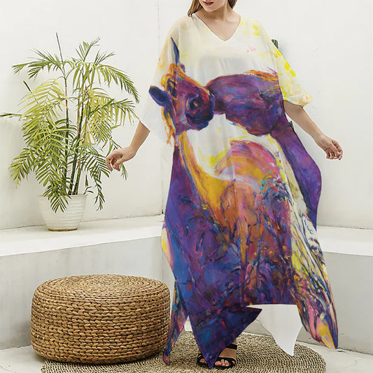 Couple Horses Portrait Print Silk V-Neck Kaftan Dress