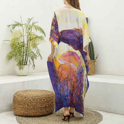 Couple Horses Portrait Print Silk V-Neck Kaftan Dress