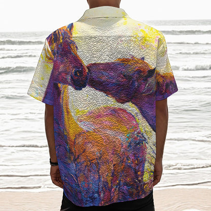 Couple Horses Portrait Print Textured Short Sleeve Shirt